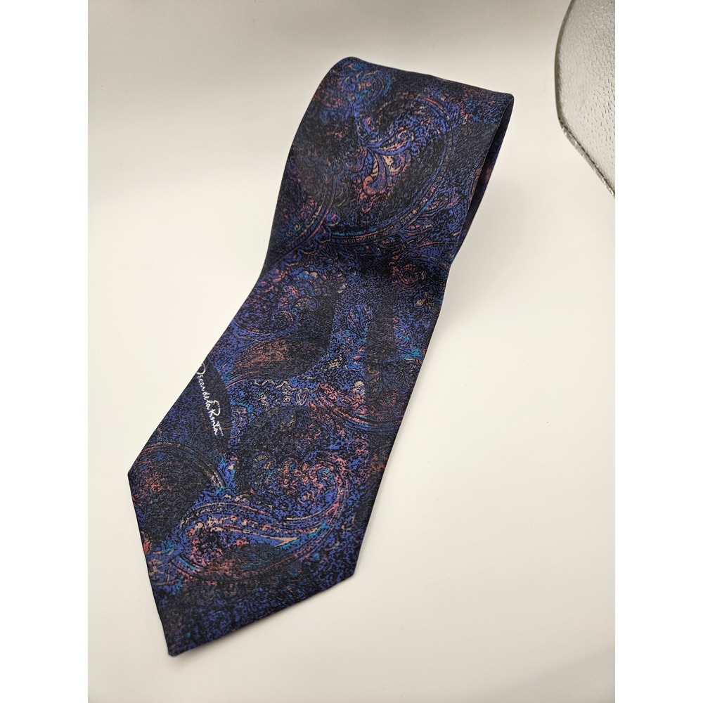 Oscar de la Renta Studio Mens Paisley Silk Blend Tie Navy Blue Purple USA Made